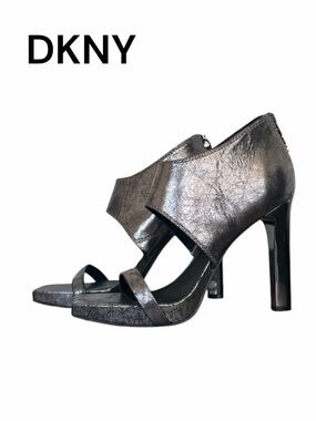 DKNY Dava High Heel Sandals Gunmetal Metallic Leather Stiletto Open Toe Size 8.5